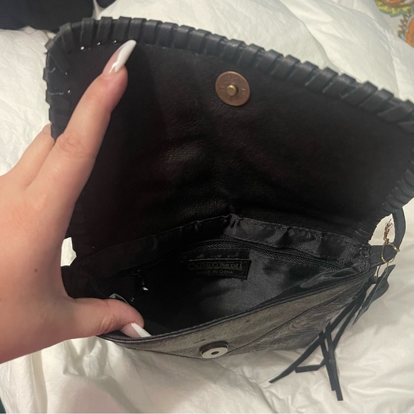 NWT Black Genuine Leather Studded Fringe Crossbody Bag - Picture 5 of 8